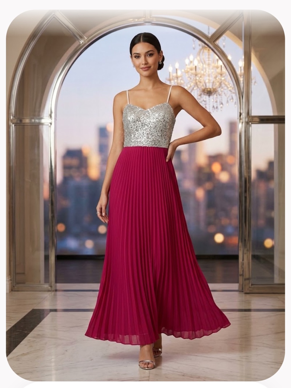 B Darlin Silver strapless Sequin Bodice Fuchsia Pleated Maxi Dress